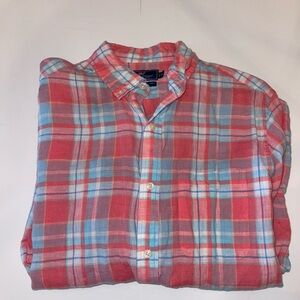 Vineyard Vines Men’s M Pink and Blue Plaid Murray Linen Button Down Dress Shirt